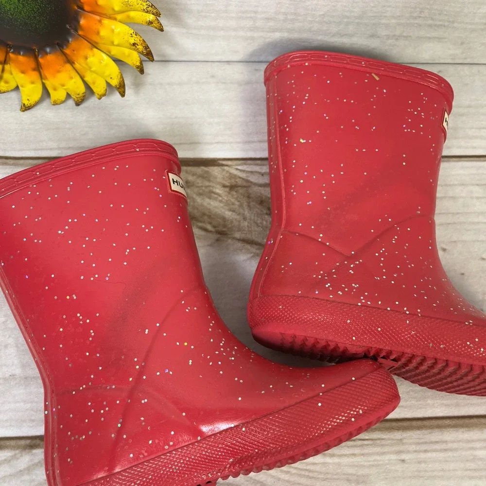 Hunter Kids Pink Glitter Waterproof Rain Boots UK 7 US 8 Toddler Sparkly Boots
